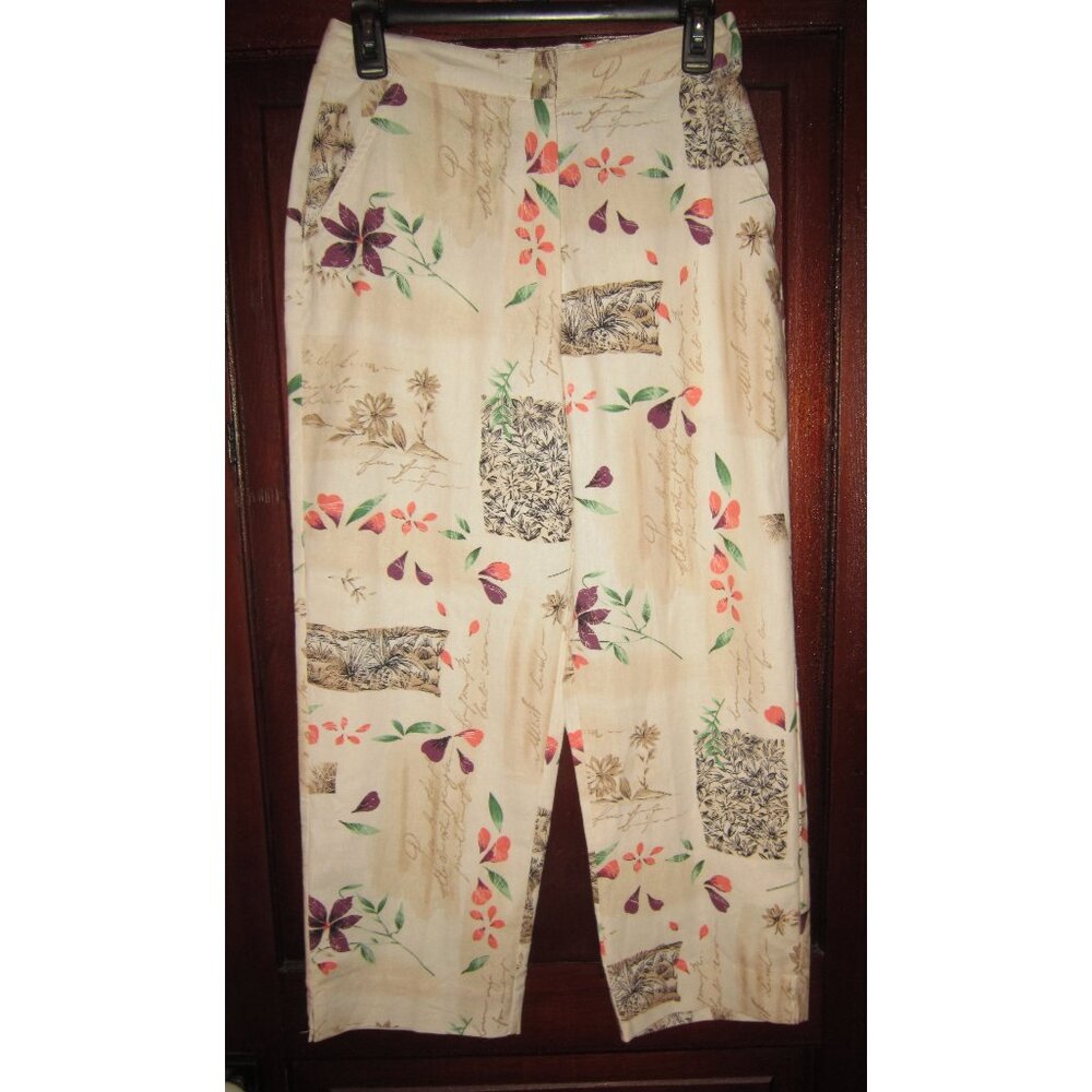 Sun Moda S Linen Cotton Pants Slacks Cropped Capri Floral Cursive Print Elastic